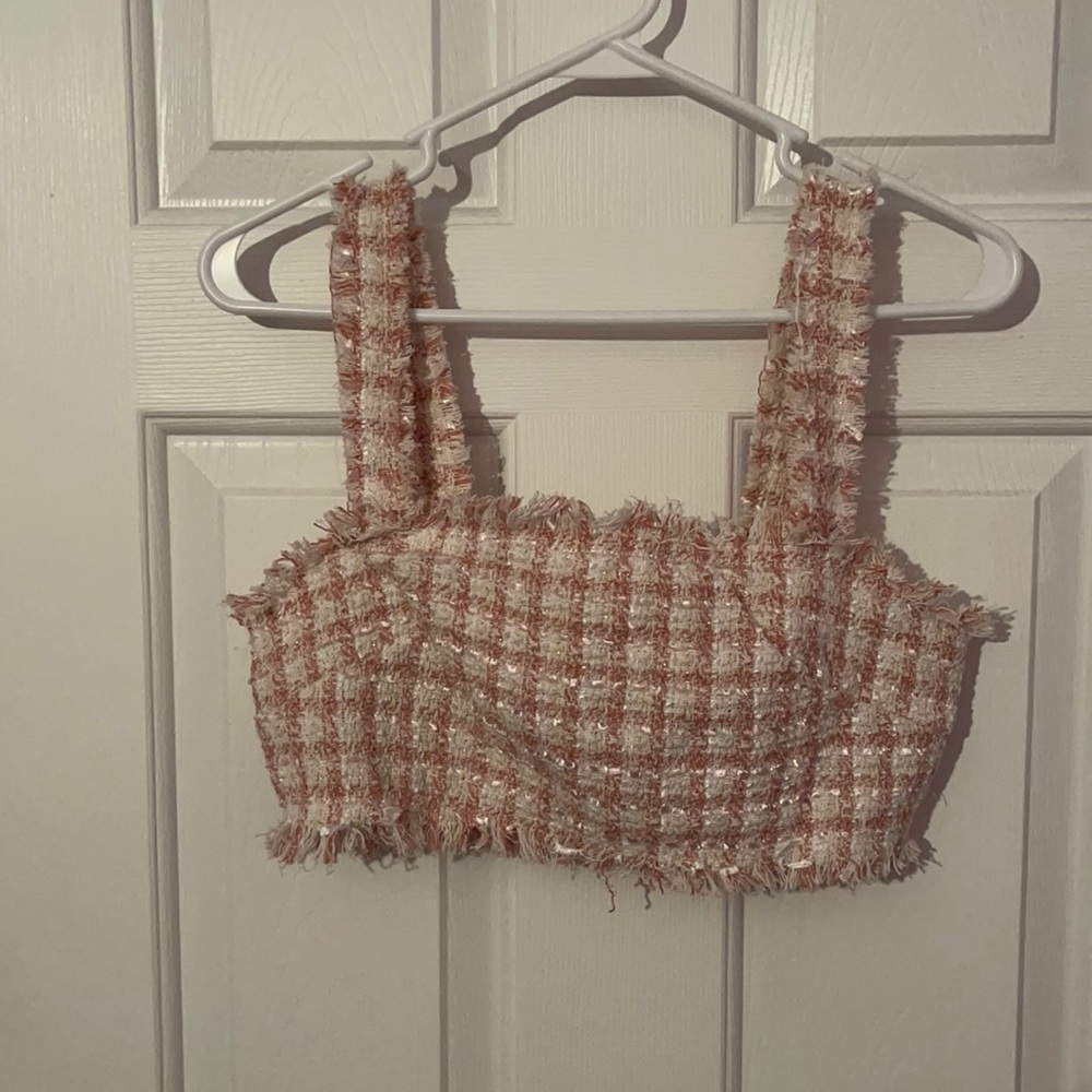 Pink tweed frayed crop top